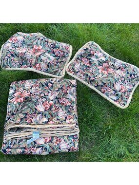 Vintage Ethan Allen King Duvet Cover Set 2 Shams 90s Floral Tapestry Blue Green